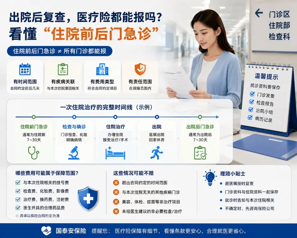出院后又复查了三次,医疗险为什么不一定都能报?看懂“住院前后门急诊”(图1) 出院后又复查了三次,医疗险为什么不一定都能报?看懂“住院前后门急诊”(图1)