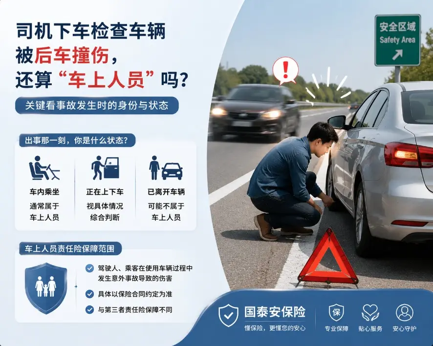 高速上停车后下车查看轮胎,司机被后车撞伤,还算“车上人员”吗?(图1) 高速上停车后下车查看轮胎,司机被后车撞伤,还算“车上人员”吗?(图1)